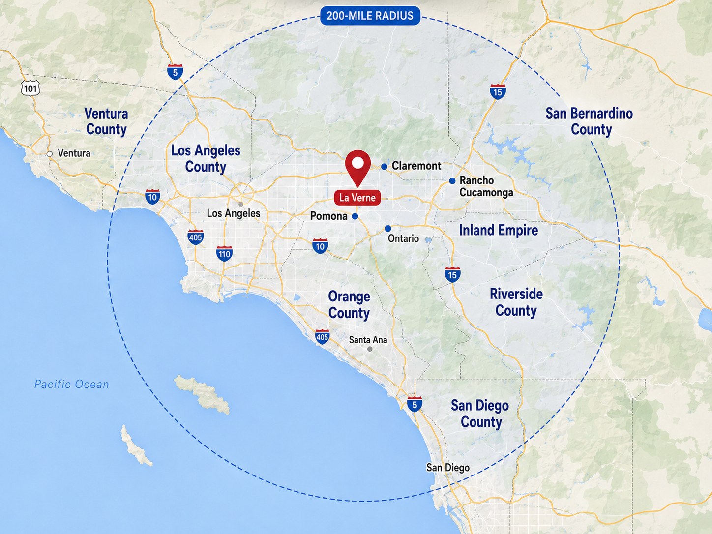 Map of the West Coast Delivery Services 200-mile coverage radius centered on La Verne, CA